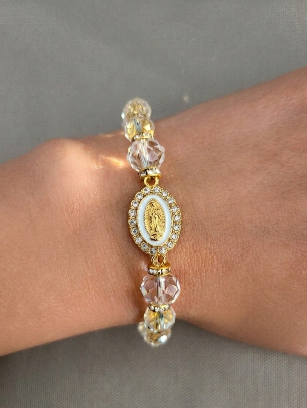 Gold and Clear Crystal Religious Charm Bracelet, Virgin Mary Beaded Bracelet,
